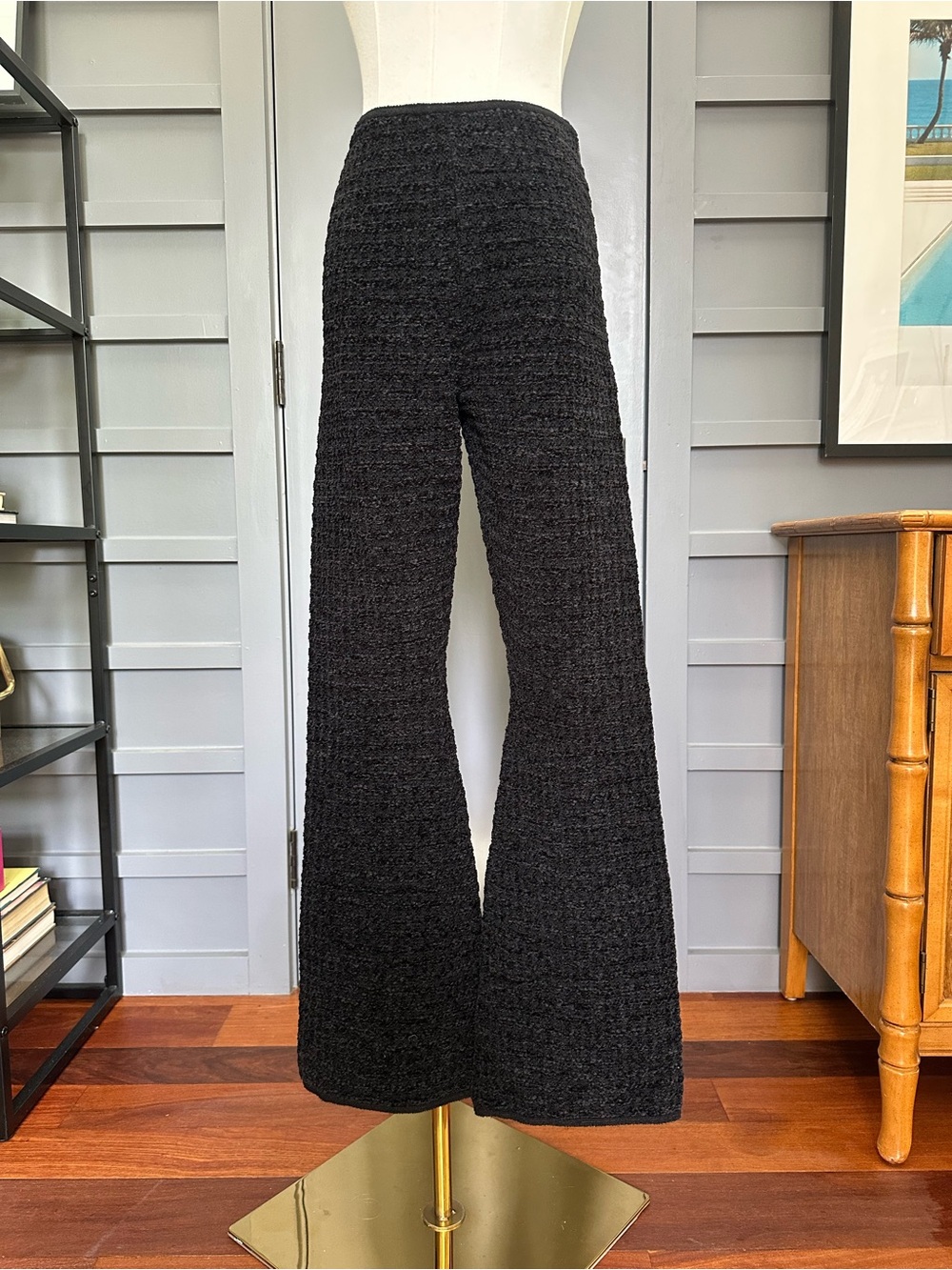NWT Sz 34 Sandro Paris Black Textured Chenille Tweed Boot Cut Knit High Pants XS